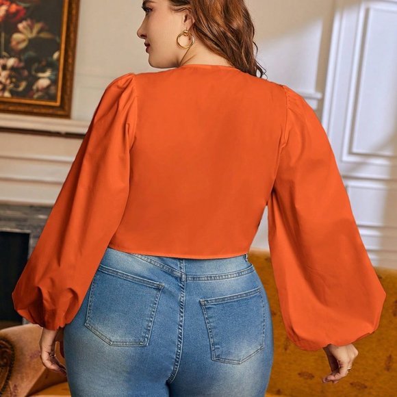 Plus Crop Top, Lantern Sleeve Knot Front Crop Top, Summer casual minimalist top - Picture 3 of 7